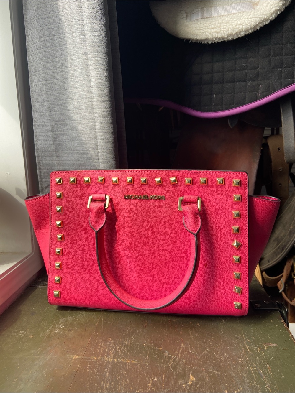 Michael Kors Hot Pink Studded Leather Satchel